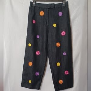 LILY Stanhope Black Linen Pants With Embroidered Flowers. 6P